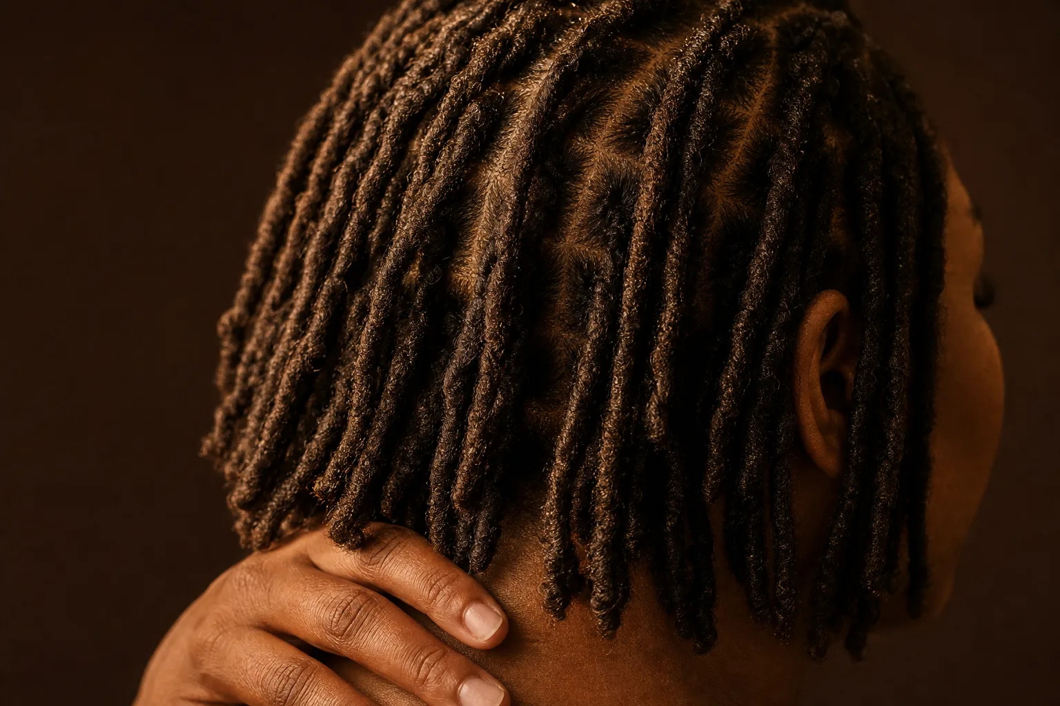 Close-up of freshly retwisted shoulder-length locs parted in clean rows