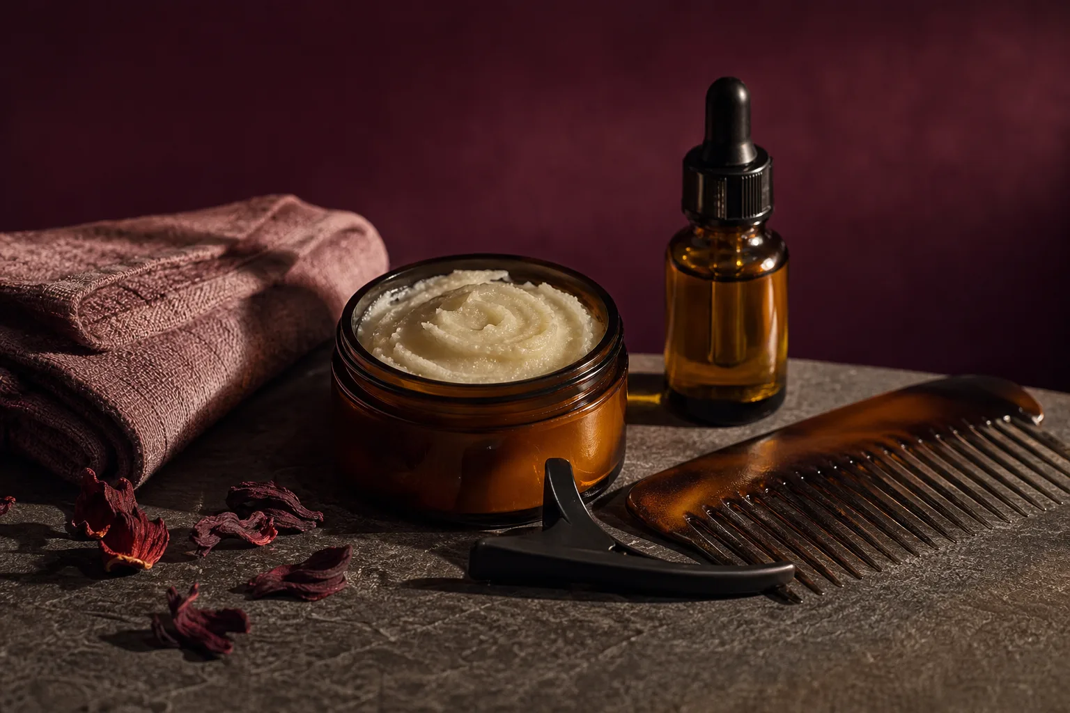 Shea butter, hair oil, a wide-tooth comb and a sectioning clip arranged on dark stone