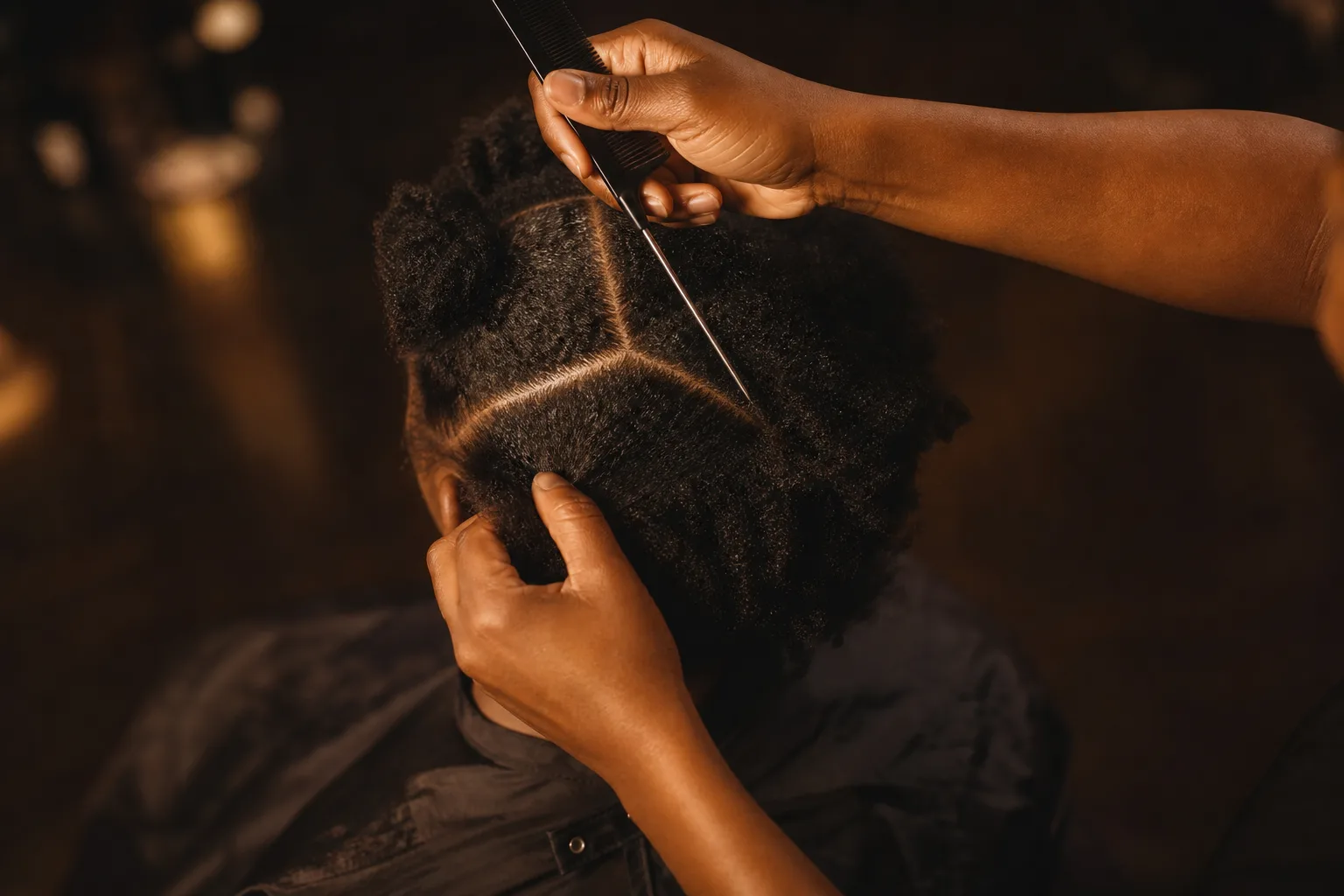 A stylist's hands parting dense coily hair with the tail of a comb